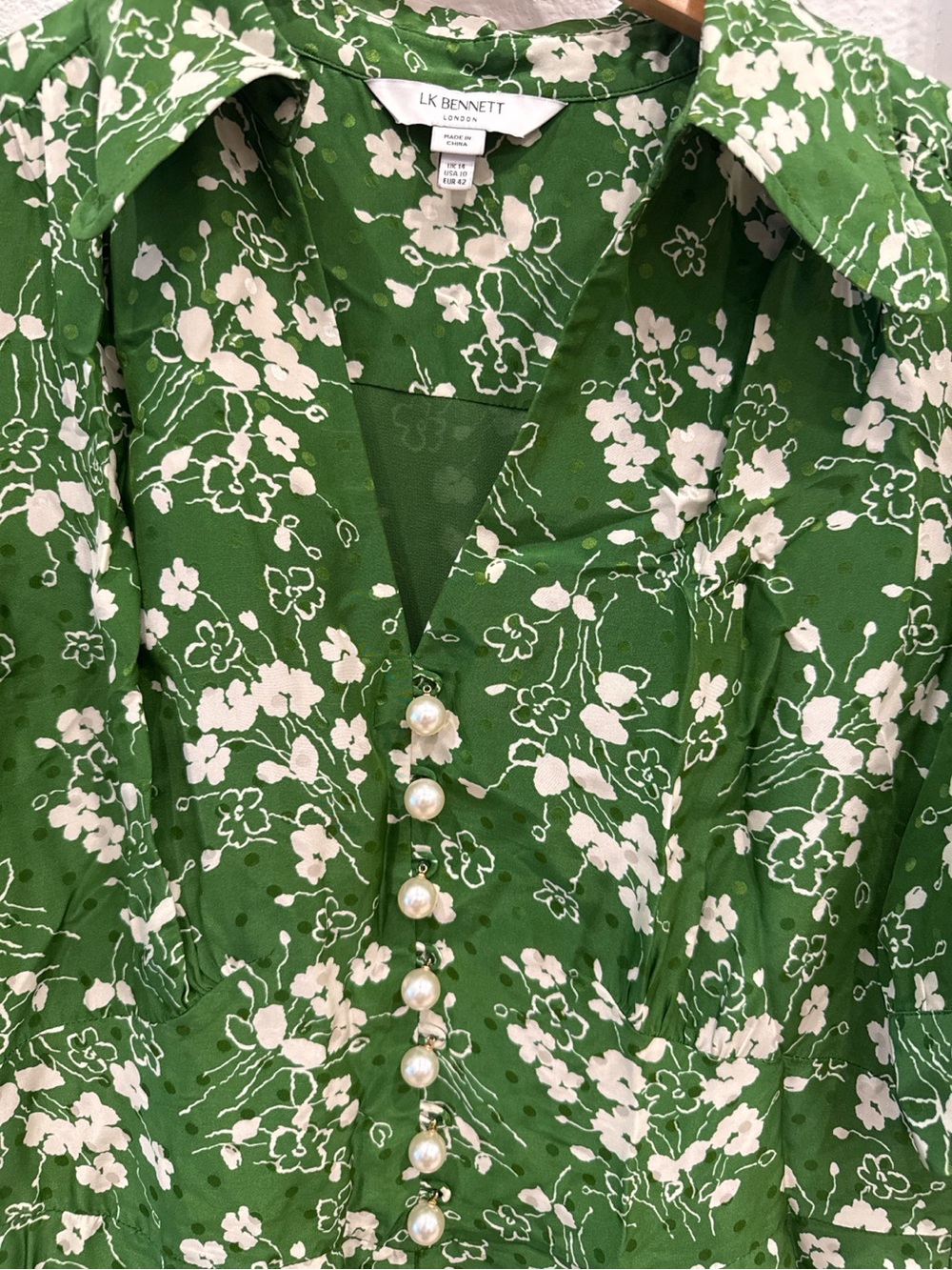 LK Bennett London Green Floral Pearl Button Midi Dress US 10 - Picture 3 of 4